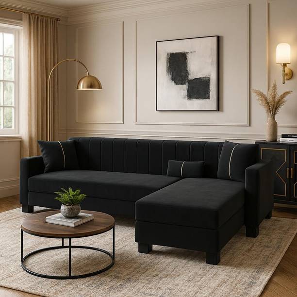 FURNY Almeria 4 Seater RHS L Shape Sofa Set| Soft Velvet Suede Fabric| Modern Design Fabric 4 Seater Sofa