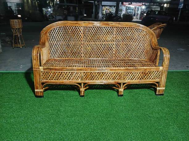 CRAFTCANE Bamboo Cane 3 Seater Sofa for Home, Living Room, Outdoor, Indoor with Cushion Solid Wood 3 Seater  Sofa