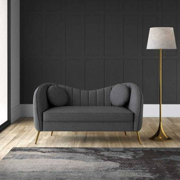 India wood mart Wooden Sofa 2 Pillows Curved Design Couch Living Room Bedroom Grey Fabric 2 Seater  Sofa