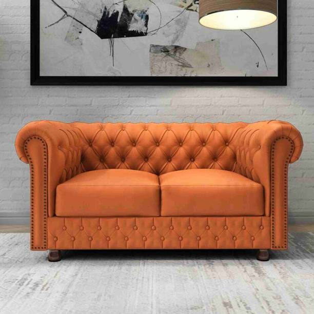 India wood mart Wooden Chesterfield Modern Sofa with Deep Seat and Tufted Mattress Orange Half-leather 2 Seater  Sofa