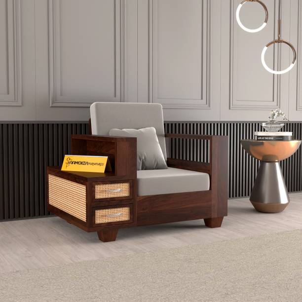 saamenia furnitures Solid Wood Cane 1 Seater Sofa – Classic Design, Comfortable Living Room Seating Fabric 1 Seater  Sofa