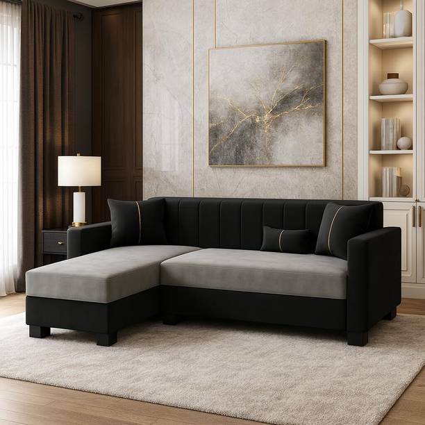 FURNY Alveria 4 Seater LHS L Shape Sofa Set| Soft Velvet Suede Fabric| Modern Design Fabric 4 Seater Sofa
