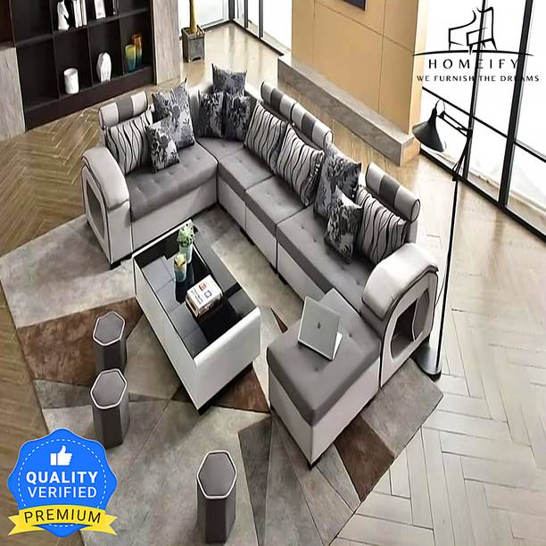Homeify Carlo 9 Seater Fabric Sofa Set with 4-Puffy Convertible Sofa Set for Living Room Fabric 9 Seater  Sofa