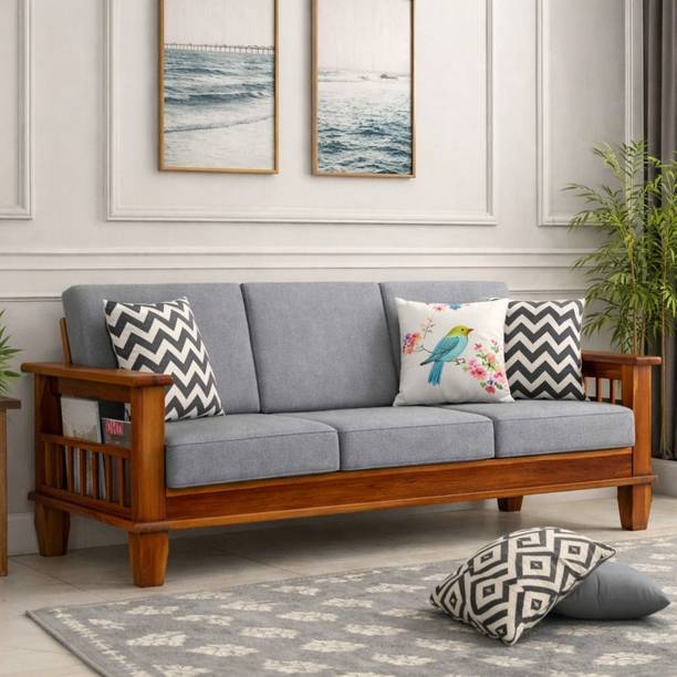 VARSHA FURNITURE Solid Sheesham Wood 3 Seater Sofa for Living Room - Grey Colour Fabric 3 Seater  Sofa