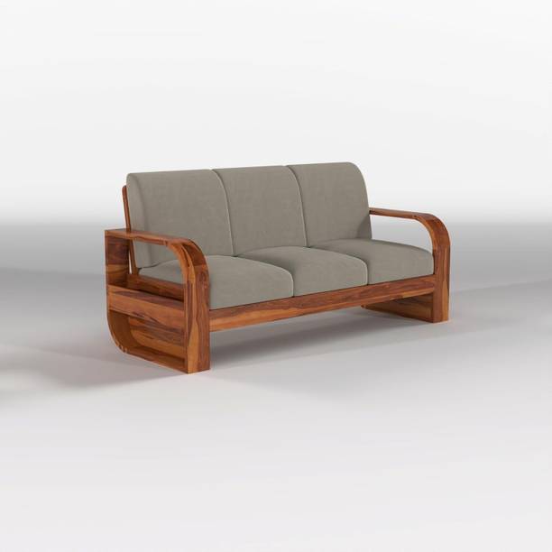 DIVESHIKA ART Sheesham Wood Three Seater Sofa With Round Leaf Style Arms & Side Pocket Storage Fabric 3 Seater  Sofa