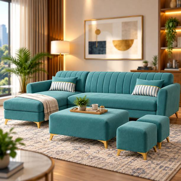 ADORN INDIA Adorn India Luster 8 Seater L Shape Sofa | LHS | Beige | 2 Puffy & Tepoy Fabric 8 Seater Sofa