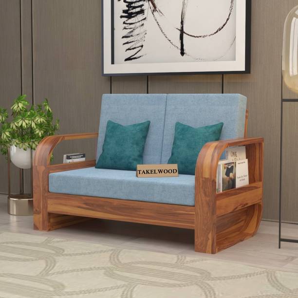 TAKELWOOD LEAFY Solid Sheesham Wood Two Seater Sofa With Round Arm & Pocket Storage Space| Fabric 2 Seater  Sofa