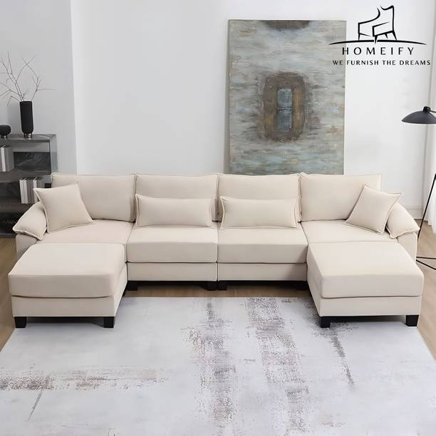 Groovecraft Elina U-Shape Reversible Cushions Couch with Ottomans Fabric 6 Seater  Sofa