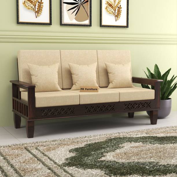 PR FURNITURE Solid Wood Three Seater Sofa With Front CNC Flower Style For Living Room, Café. Fabric 3 Seater  Sofa