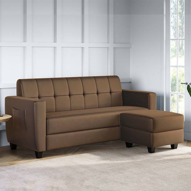 ARRA Remo Tufted Back Three Seater Sofa With Ottoman in Brown Color Fabric 4 Seater  Sofa