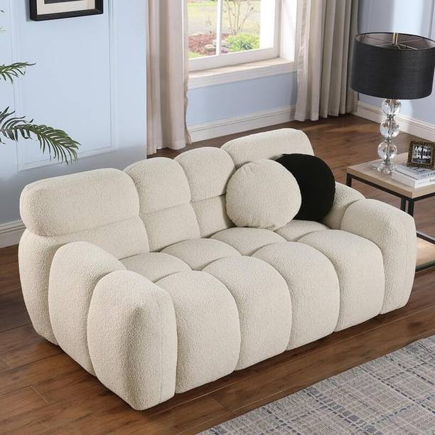 India wood mart Wooden Sofa 2 Pillows Upholstered Deep Seat Couch Living Room Bedroom,Beige Fabric 2 Seater  Sofa