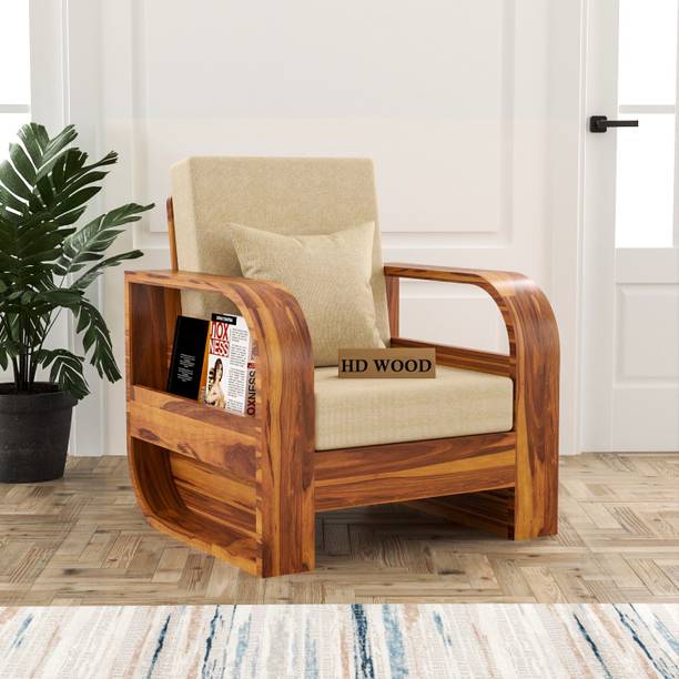 HDWOOD COMFY Solid Sheesham Wood One Seater Sofa With Round Arms & Pocket Storage || Fabric 1 Seater  Sofa