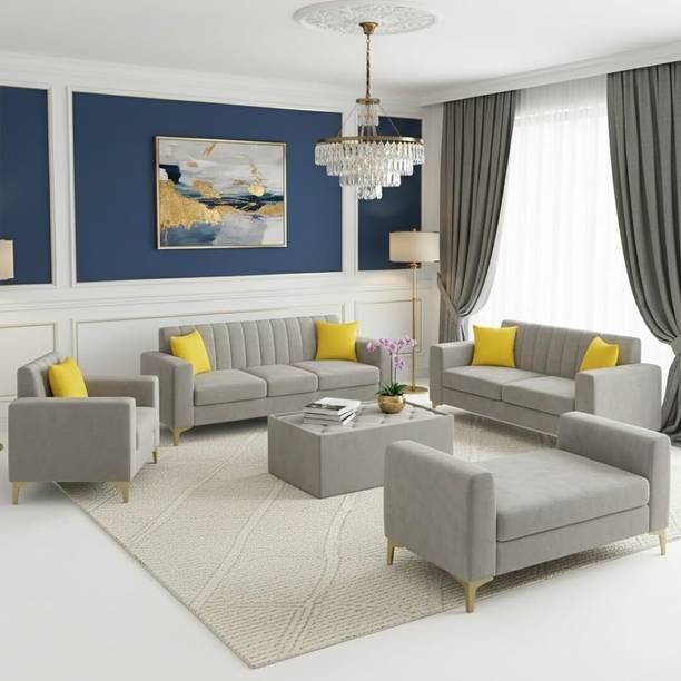 FURNY Alona 10 Seater Fabric Modular 3+2+2+1 Sofa Set Light Grey Premium Velvet Finish Fabric 10 Seater  Sofa