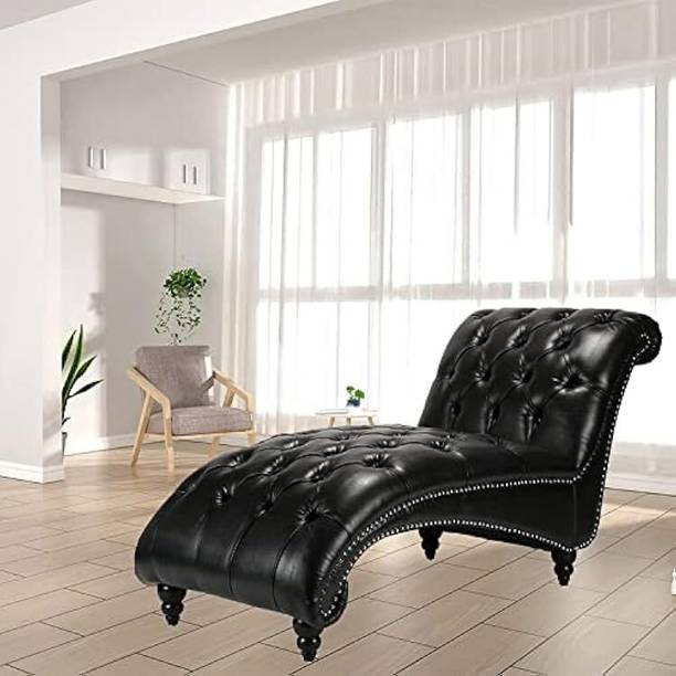 India wood mart Wooden Chaise Lounge Diwan Chaise Couch Sofa Wood Legs Black Leatherette Leatherette 3 Seater  Sofa
