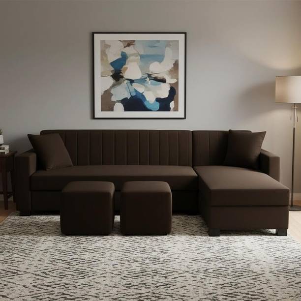 FURNY Averona 8-Seater Fabric RHS L Shape Sofa Set with 1 Centre Table & 2 Puffy Fabric 8 Seater Sofa