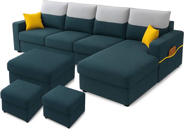 FURNY Tokyo 8 Seater Fabric RHS L Shape Sofa Set with 1 Centre Table & 2 Puffy Fabric 8 Seater  Sofa