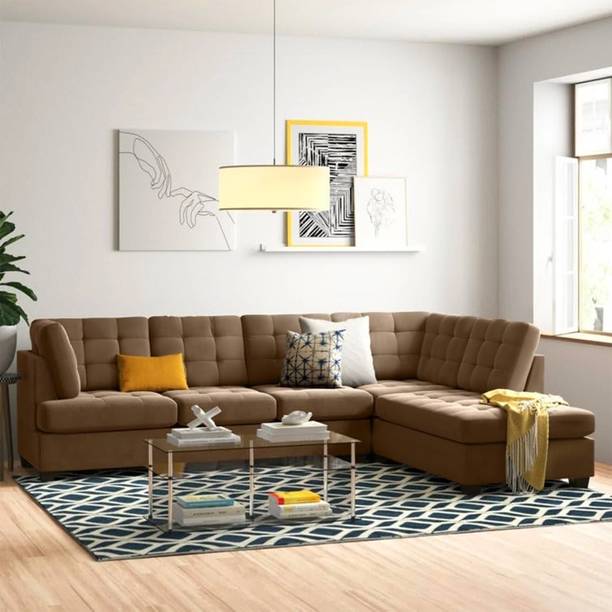 Groovecraft Dawan Wooden 6 Seater L Shaped Sectional Sofa for Living Room Fabric 6 Seater  Sofa