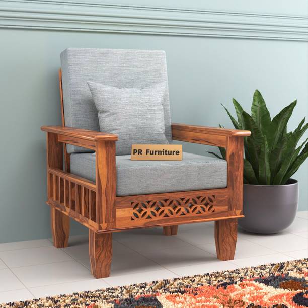 PR FURNITURE Solid Wood One Seater Sofa With Front CNC Flower Style For Living Room, Café. Fabric 1 Seater  Sofa