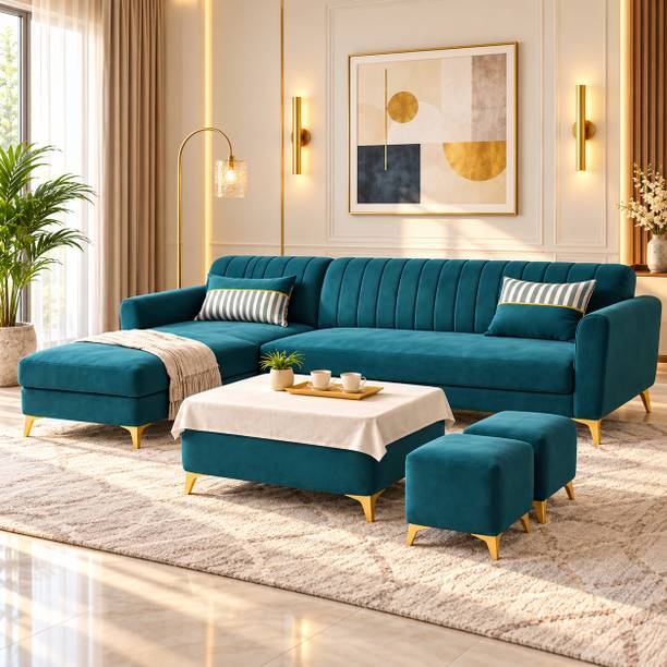 ADORN INDIA Adorn India Luster 8 Seater L Shape Sofa | LHS | Ocean Blue | 2 Puffy & Table Fabric 8 Seater Sofa