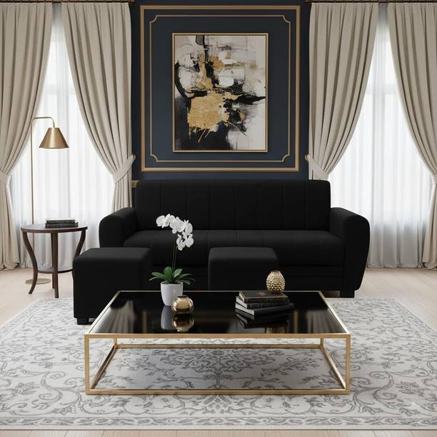 FURNY Arora 3 Seater Modular L Shape Sofa Set with 2 Ottoman | Soft Velvet Upholstery Fabric 3 Seater  Sofa