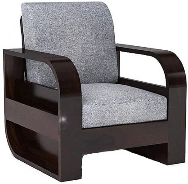 VIVENTO Sheesham Wood One Seater Sofa With Round Leaf Style Arms & Side Pocket Storage | Fabric 1 Seater  Sofa