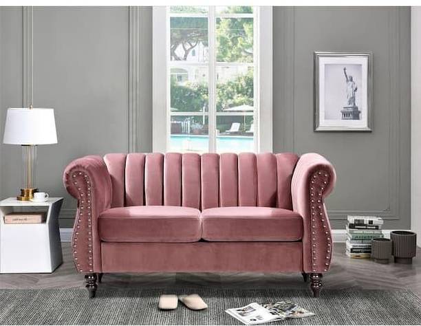 India wood mart Wooden Chesterfield Sofa for Living Room,Guest Room,Hotels 2-Person Sofa Pink Half-leather 2 Seater  Sofa