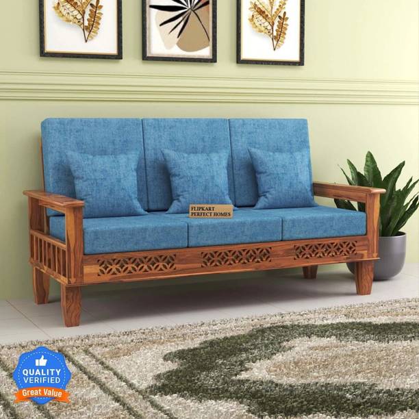 Flipkart Perfect Homes CNC Cutting Designed Sheesham Wood Three Seater Sofa With Side Pocket Storage | Fabric 3 Seater  Sofa