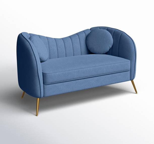 India wood mart Wooden Sofa 2 Pillows Curved Design Blue Couch Living Room Bedroom Fabric 2 Seater  Sofa