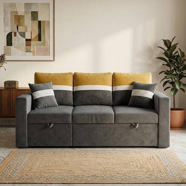 FURNY Tavissa 4 Seater LHS Lounger Sofa Cum Bed with Pull-Out Function | Dark Grey Fabric 4 Seater Sofa