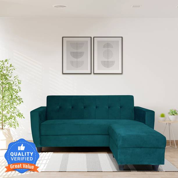 ARRA Remo Three Seater Sofa With Ottoman in Green Color Fabric 4 Seater  Sofa