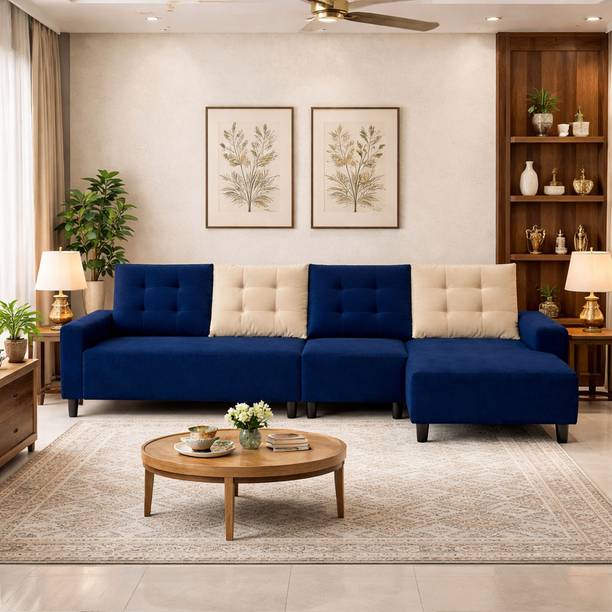 FURNY BOLT Dual Tone Plush Velvet 6-Seater RHS L Shape Lounger Sofa Set |Silken Velvet Fabric 6 Seater  Sofa