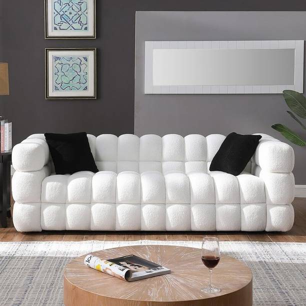 India wood mart Modern wooden sofa 2 pillows loveseat for office apartment living room White Fabric 3 Seater  Sofa