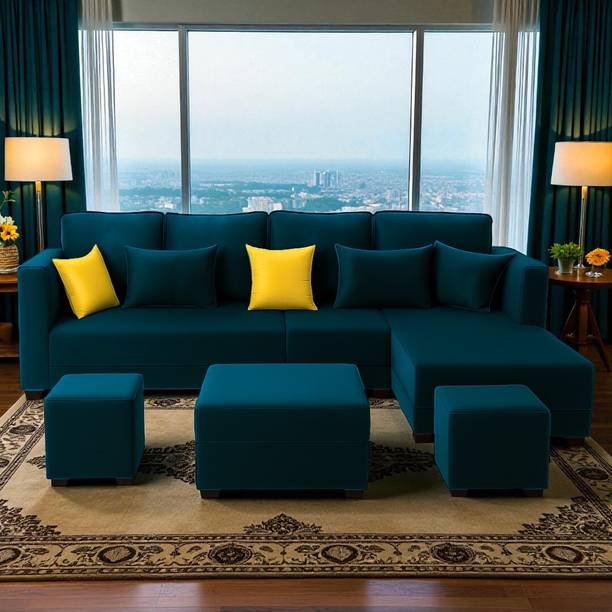 FURNY Milosa 8 Seater Fabric RHS L Shape Sofa Set with 1 Centre Table & 2 Puffy Fabric 8 Seater  Sofa