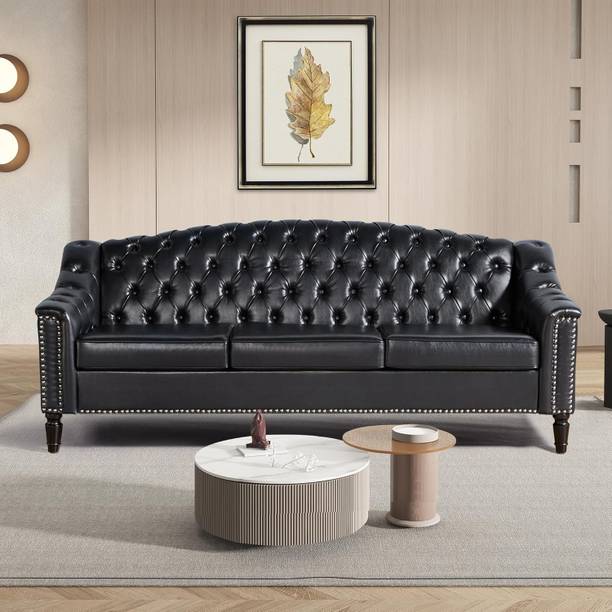 ADORNMART 3 Seater Large Sofa, Chesterfield Sofa Set 80" Mid-Century Modern PU Sofa, Fabric 3 Seater  Sofa