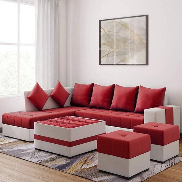 Torque Steffan L Shape 8 Seater Sofa Set with Centre Table and 2 Puffy (LHS, Red) Fabric 8 Seater Sofa