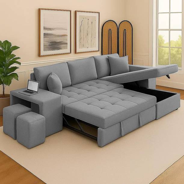 FURNY Holland 6 Seater RHS L Shape Pull Out Sofa Cum Bed with Storage & 2 Puffy Fabric 6 Seater  Sofa
