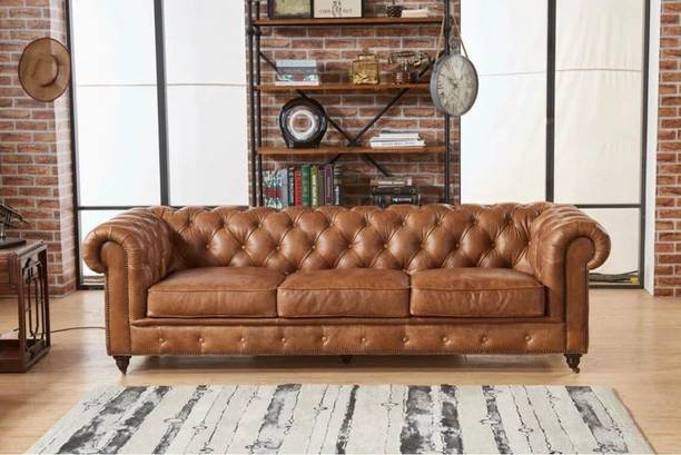 ADORNMART Three Seater Chesterfield Sofa for Living Room & Office (Brown) Fabric 3 Seater  Sofa