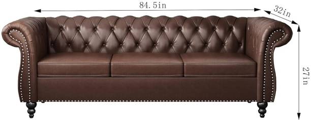 Metalsmith Sofa Leather, Modern PU Tufted Couch 3 Seater with Rolled Arms Leatherette 3 Seater  Sofa