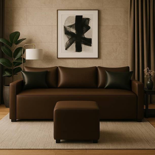 FURNY Travis 3 Seater Modular L Shape Sofa Set with Ottoman| Leatherette Upholstery Fabric 3 Seater  Sofa