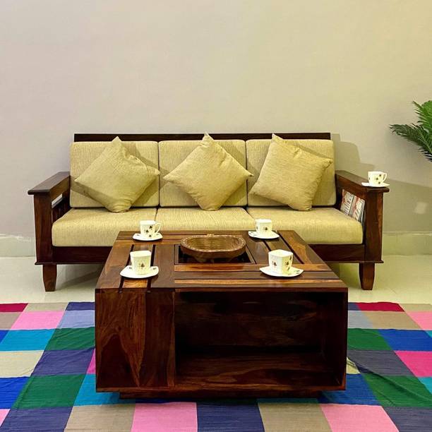 Ganpati Arts Sheesham Wood 3 Seater Sofa with Headboard/wooden Sofa For Livingroom Fabric 3 Seater  Sofa