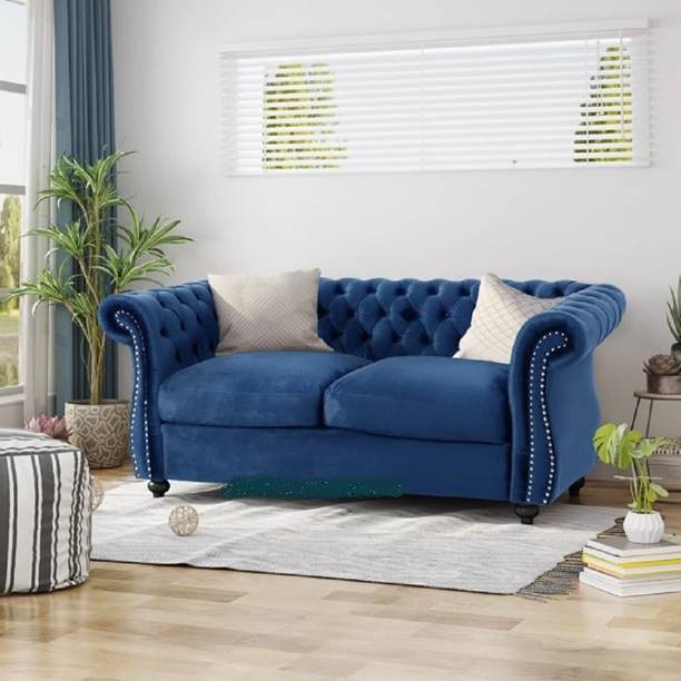 India wood mart Wood Velvet 2 Seater Modern Chesterfield Sofa Bedroom,Office,Apartment Blue Half-leather 2 Seater  Sofa