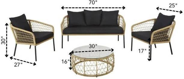 Sunriseoff Outdoor Sofa Set with Table Black Cushion Fabric 4 Seater Sofa