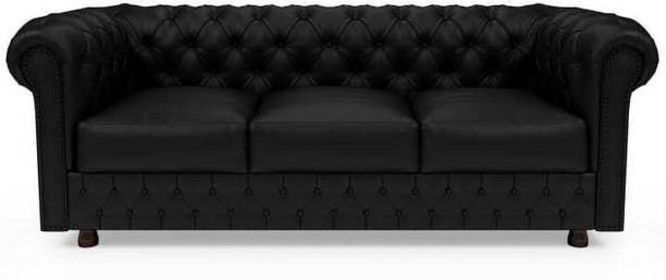 India wood mart Wooden Modern Sofa Tufted Couch with Deep Seat,Chesterfield 3 Seater Sofa Fabric Half-leather 3 Seater  Sofa