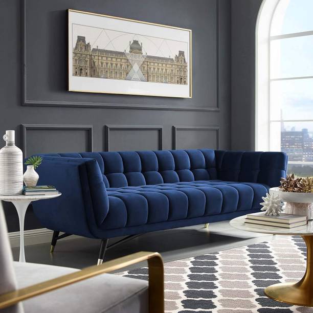 India wood mart Modern Velvet Fabric Upholstered Tufted Sofa Leather 3 Seater Sofa Leather 3 Seater  Sofa