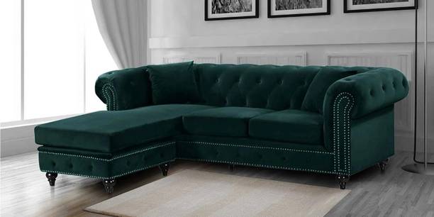 India wood mart Wooden Chesterfield Sofa for Living Room,Guest Room Sofa Green with Ottoman Half-leather 3 Seater  Sofa