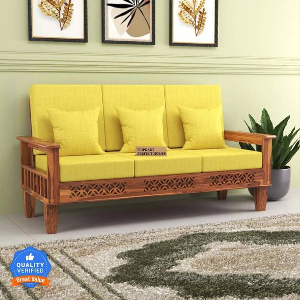 Flipkart Perfect Homes CNC Cutting Designed Sheesham Wood Three Seater Sofa With Side Pocket Storage | Fabric 3 Seater  Sofa