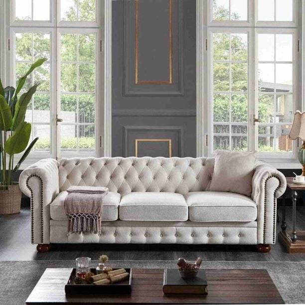 Soul Light Art Chesterfield leatherette sofa wood-framed modern tufted deep seats White Half-leather 3 Seater  Sofa