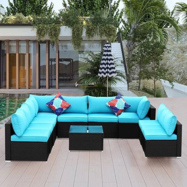 Mymigos Outdoor Wicker Conversation Sectional Furniture Sofa Set with Coffee Table Fabric 10 Seater  Sofa