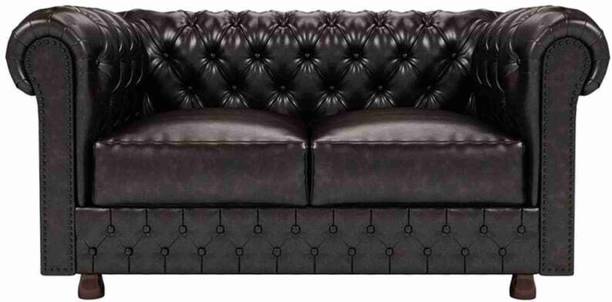 India wood mart Wooden Modern Chesterfield Sofa with Deep Seat and Choholate Tufted Mattress Half-leather 2 Seater  Sofa