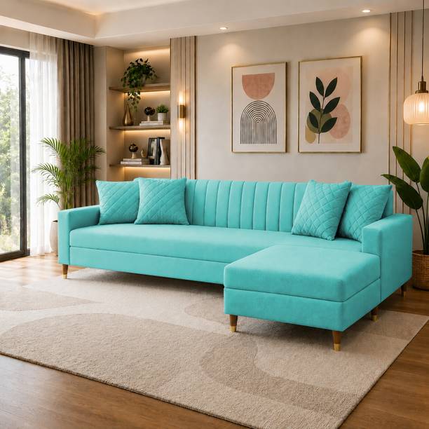 MintCasa Garcia 4 Seater Straight Soft Cushion Wooden Frame Sofa with Ottoman Fabric 4 Seater Sofa